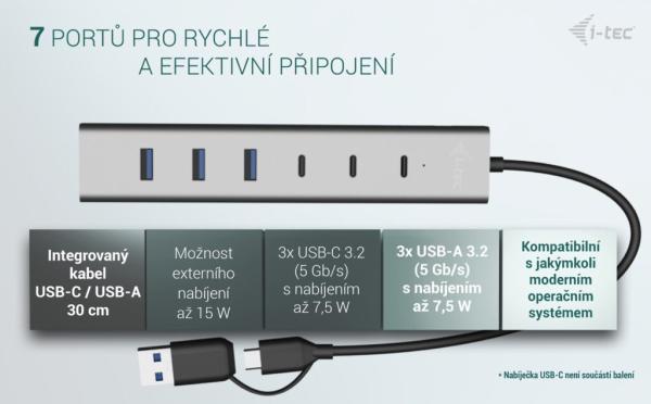 i-tec USB-C/ USB-A Charging Metal HUB 7 Port (3x USB-C, 4x USB-A) 