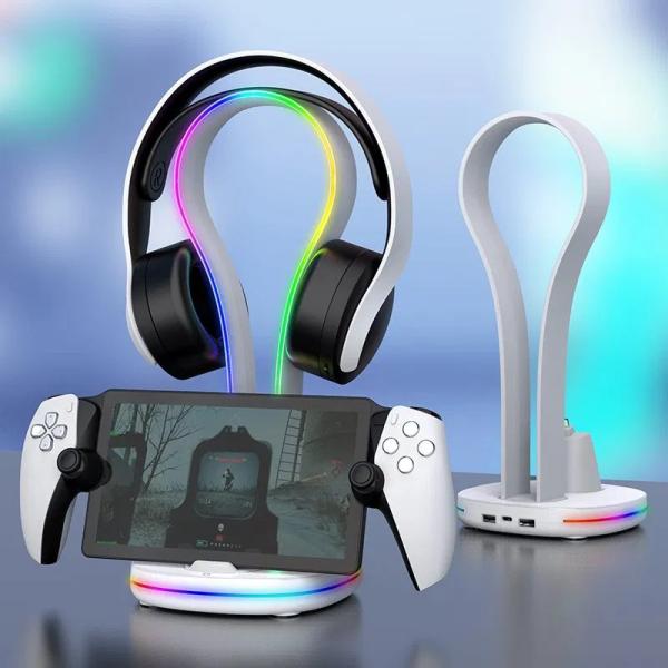 iPega P5P23 Nabíjecí RGB Stojan pro Playstation Portal Remote Player s Držákem na Sluchátka White 