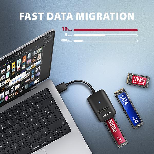 AXAGON ADM2-AM USB-A 10Gbps - M.2 NVMe & SATA SSD adaptér, kábel USB-A 10cm 