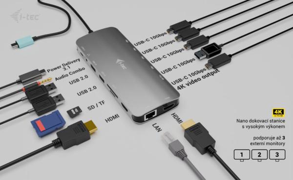 i-tec USB-C Metal Nano 3x Display Dock, 2x HDMI 1x USB-C video, Power Delivery 140W 