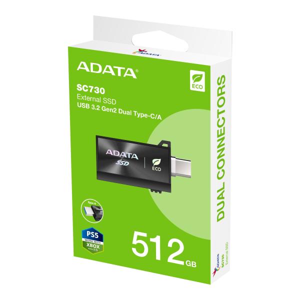 ADATA Externí SSD SC730 512GB,  USB-C/ A,  USB 3.2 Gen2,  černá 