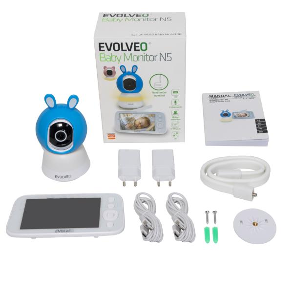 EVOLVEO Baby Monitor N5 - Set videoopatrovateľky s 360 ° dohľadom, obojsmernou komunikáciou a uspávankami,  