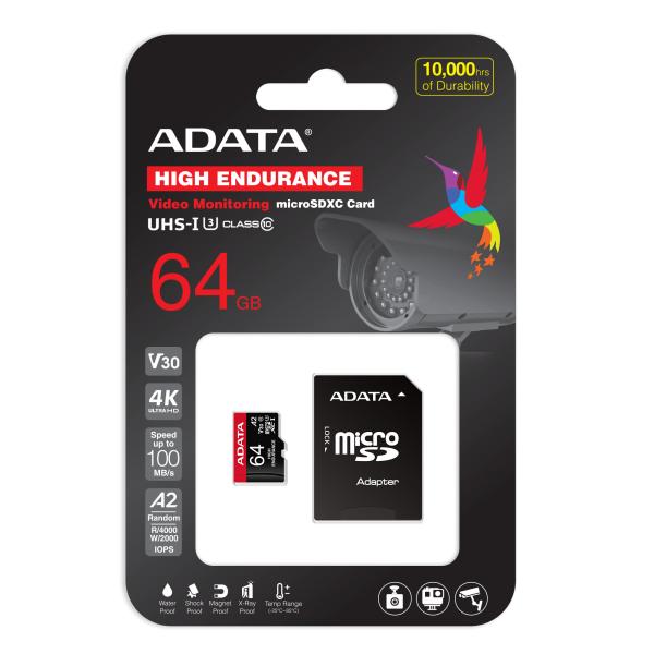 ADATA MicroSDXC karta 64GB High Endurance UHS-I C10 V30 A2 (R:100/ W:80 MB/ s) + SD adaptér 