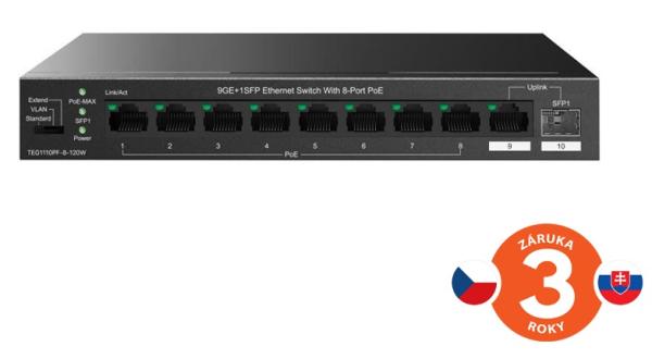 Tenda TEG1110PF-8-120W PoE+ AT switch 8xPoE 802.3af/ at + Uplink RJ45 + SFP port, 110W, PoE+, fanless 
