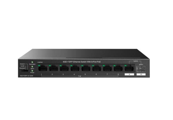 Tenda TEG1110PF-8-120W PoE+ AT switch 8xPoE 802.3af/ at + Uplink RJ45 + SFP port, 110W, PoE+, fanless 