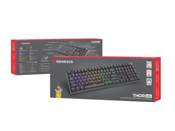 Herná mechanická klávesnica Genesis THOR 404/ RGB/ Gateron Yellow Pro/ Drôtové USB-A/ US layout/ Čierna 