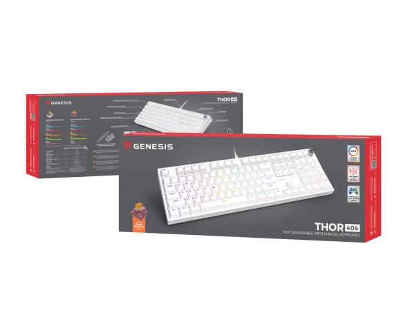 Herná mechanická klávesnica Genesis THOR 404/ RGB/ Outemu Peach Silent/ Drôtové USB-A/ US layout/ Biela 