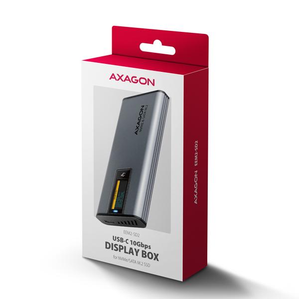 AXAGON EEM2-SD2 10Gbps USB-C - M.2 NVMe & SATA SSD kovový DISPLAY box, bezskrutkový 