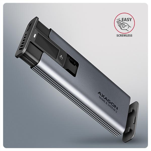 AXAGON EEM2-SD2 10Gbps USB-C - M.2 NVMe & SATA SSD kovový DISPLAY box, bezskrutkový 