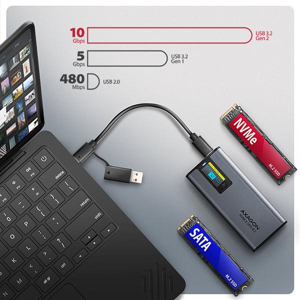 AXAGON EEM2-SD2 10Gbps USB-C - M.2 NVMe & SATA SSD kovový DISPLAY box, bezskrutkový 