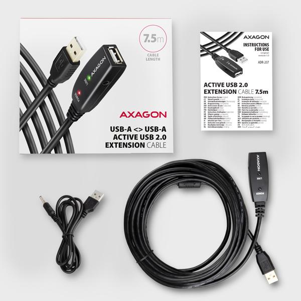 AXAGON ADR-207, USB 2.0 A-M -> A-F aktívny predlžovací / repeater kábel, 7.5m 