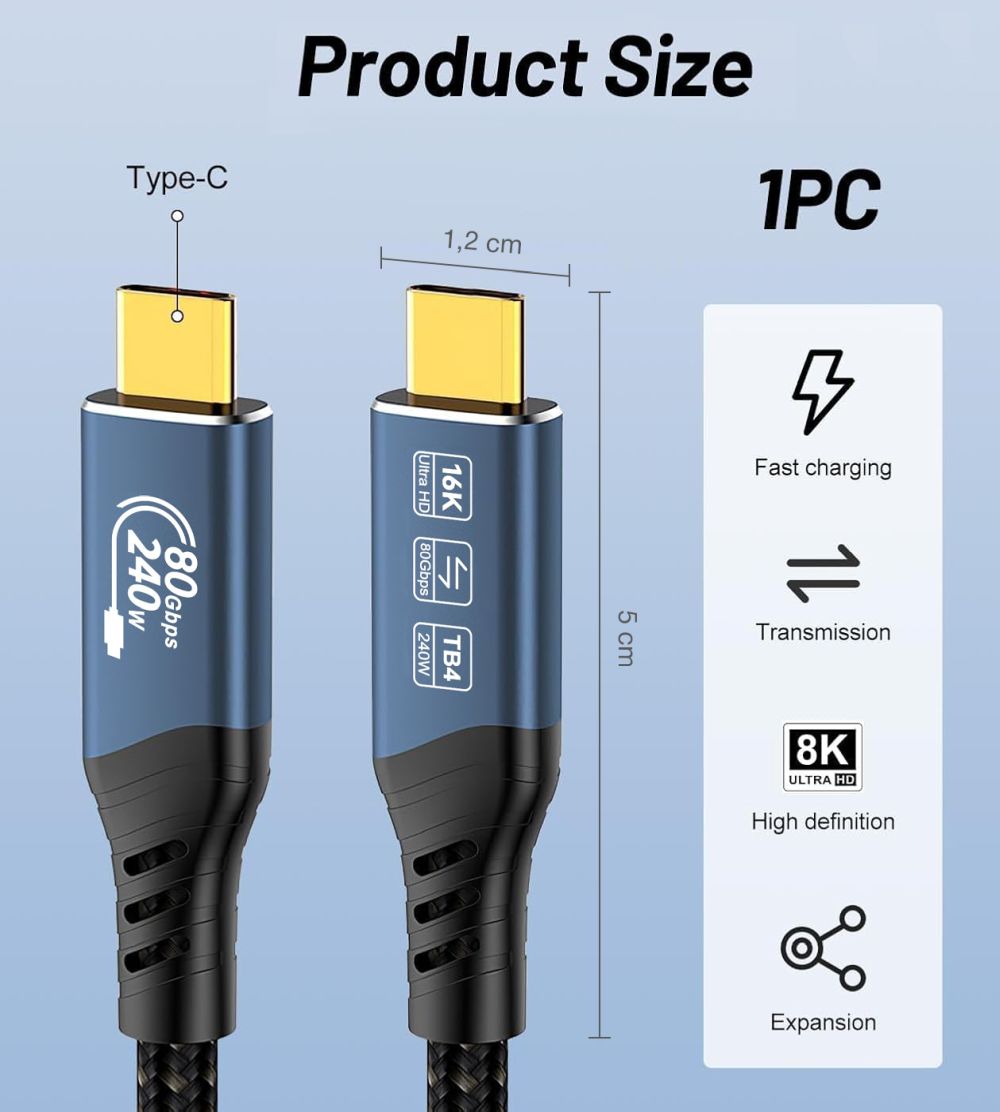 PremiumCord USB4™ Version2.0 80Gbps 16K@60Hz 240W Thunderbolt 3 a 4 kábel zahnutý 1, 2m 