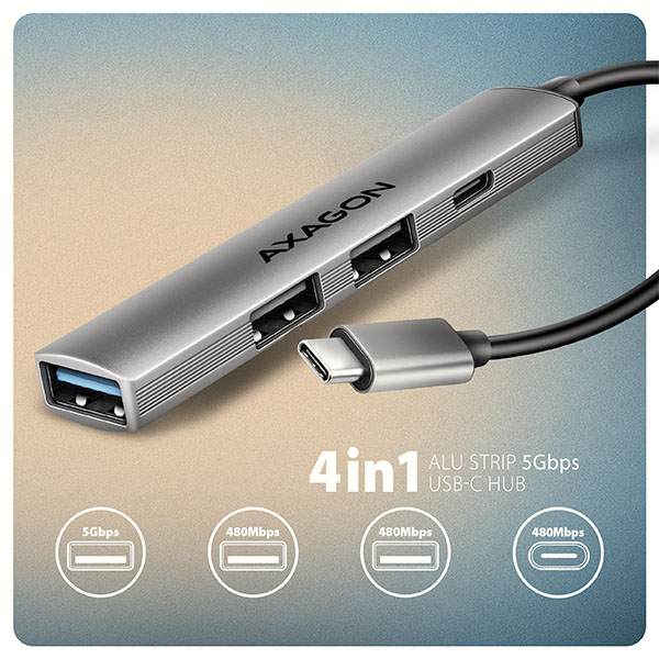 AXAGON HUE-STC, 4x USB ALU STRIP hub, 1x USB-A 5Gbps, 2x USB-A & 1x USB-C 480Mbps, kábel USB-C 12cm 