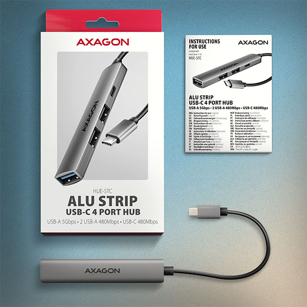 AXAGON HUE-STC, 4x USB ALU STRIP hub, 1x USB-A 5Gbps, 2x USB-A & 1x USB-C 480Mbps, kábel USB-C 12cm 
