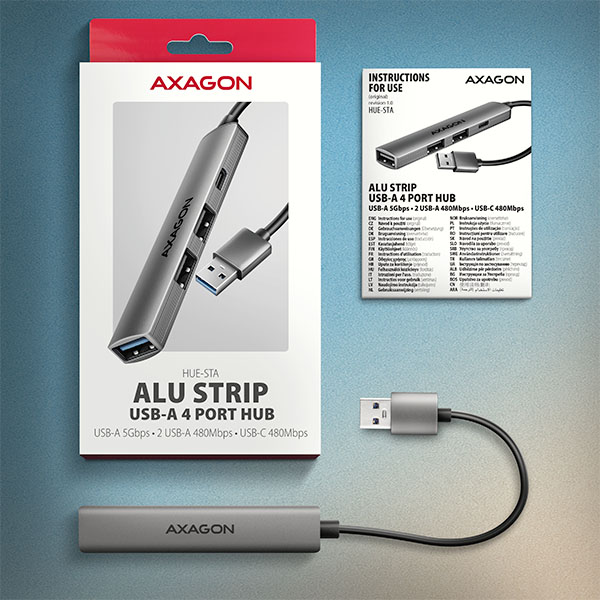 AXAGON HUE-STA, 4x USB ALU STRIP hub, 1x USB-A 5Gbps, 2x USB-A & 1x USB-C 480Mbps, kábel USB-A 12cm 