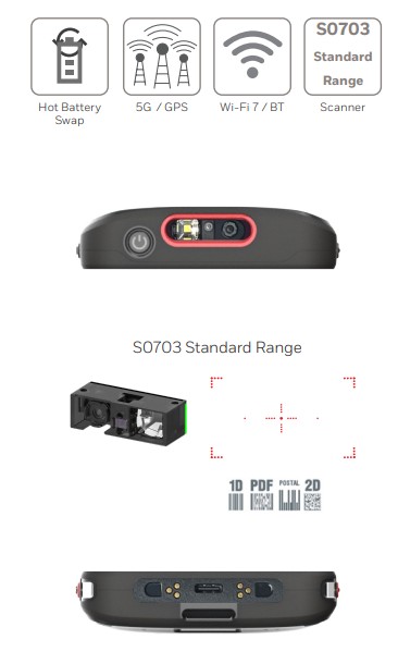 Honeywell CT70: WIFI7/ 6E, 8GB/ 128GB, Štandard Range Engine-Red Laser, Extended Battery, GMS 
