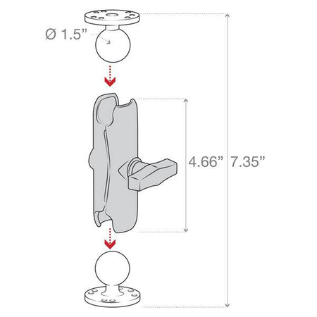 RAM zostava - stredné rameno s dvoma okrúhlymi základňami 2, 5" a guľovým kĺbom 1, 5" 