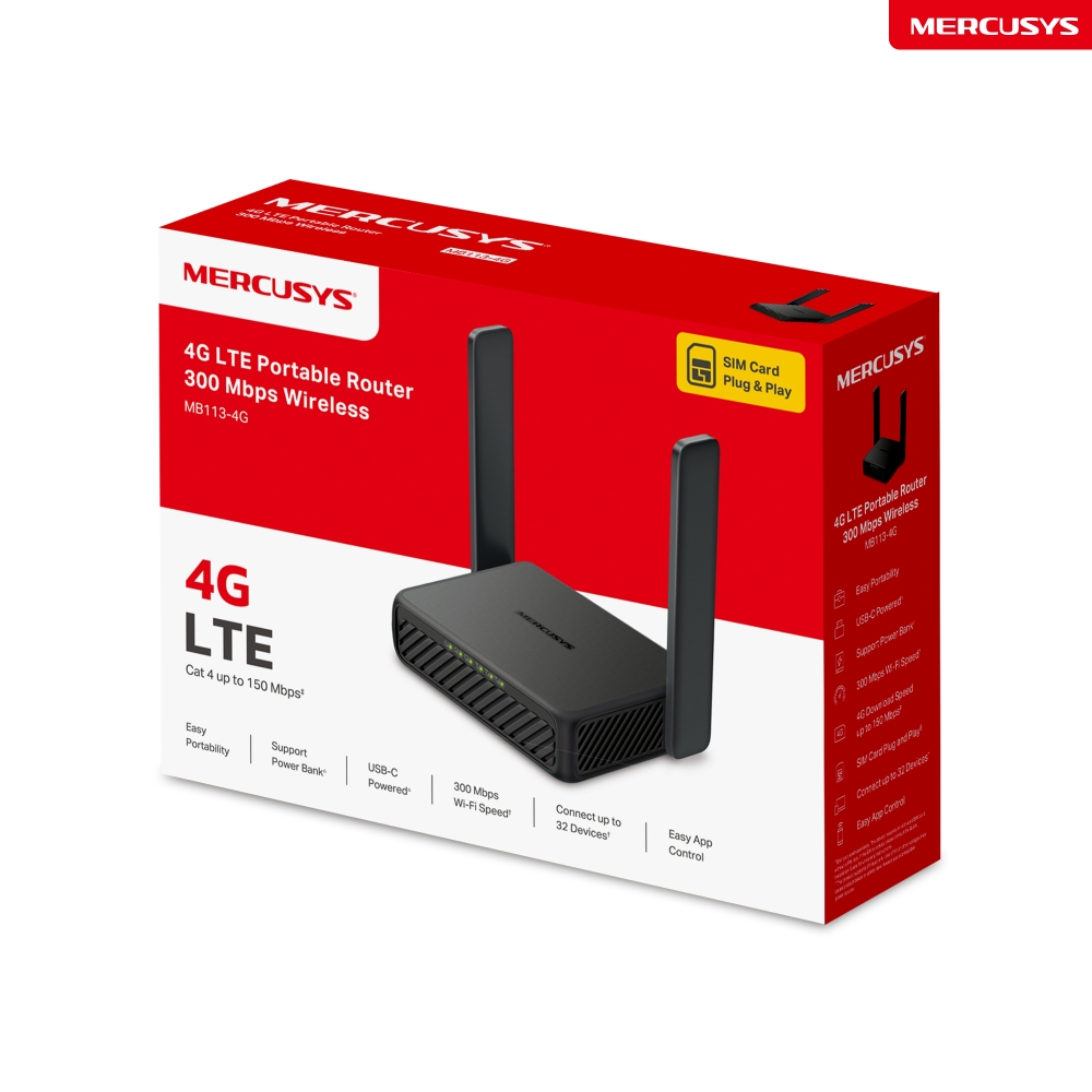 Mercusys MB113-4G N300 WiFi 4G LTE prenosný router 
