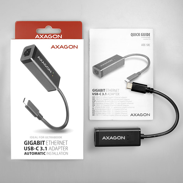 AXAGON ADE-SRC, USB-C 3.2 Gen 1 - Gigabit Ethernet sieťová karta, auto inštal, čierna 