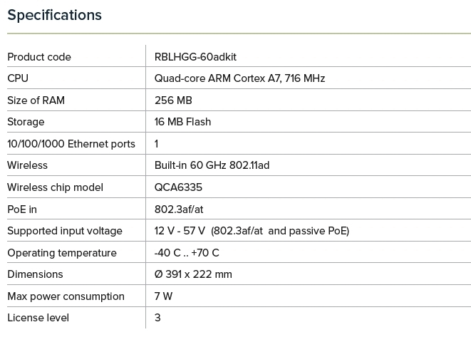 MikroTik RBLHGG-60ad, 60GHz Wireless Wire Dish jednotka 