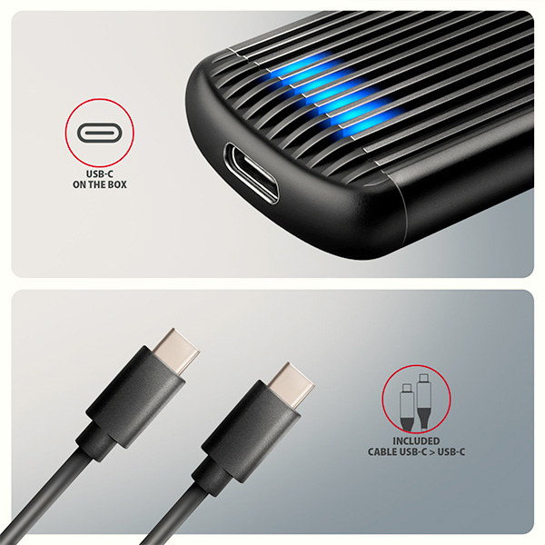AXAGON EEM2-SC, USB-C 10Gbps externý box pre M.2 NVMe SSD, bezskrutkový, rebrovaný hliník 