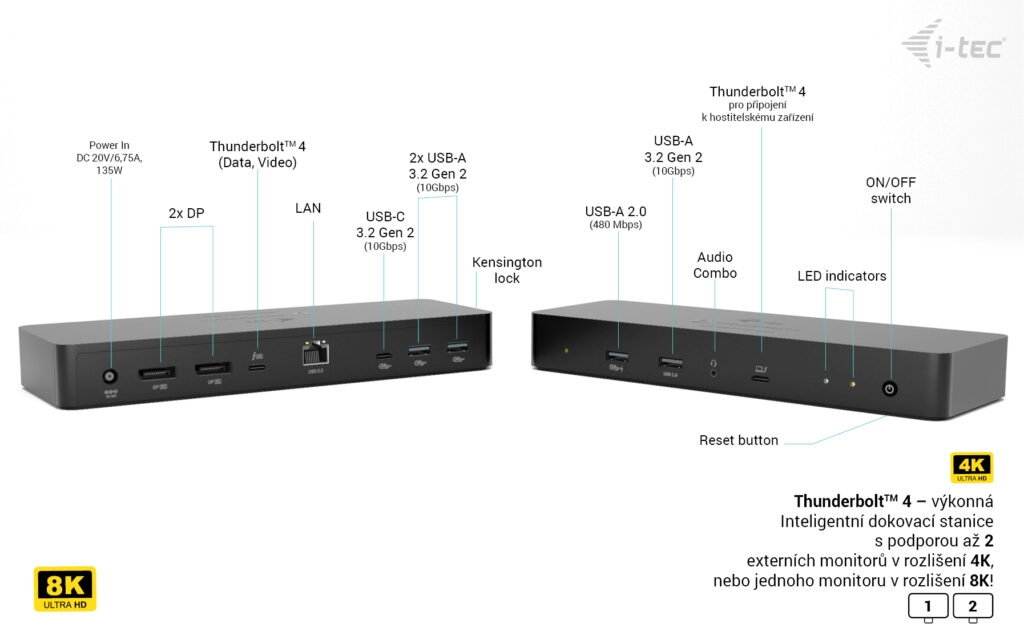 i-tec Thunderbolt 4 Intelligent Dual Display Docking Station, Power Delivery 90W 