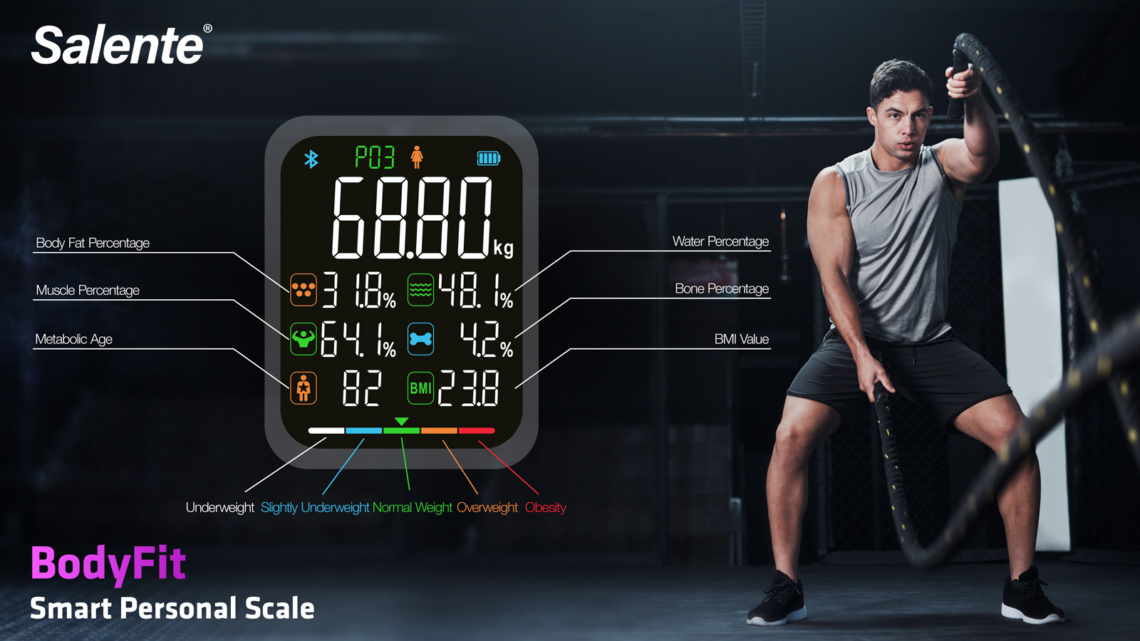 Salente BodyFit, múdra osobná diagnostická fitness váha, Bluetooth, čierna 