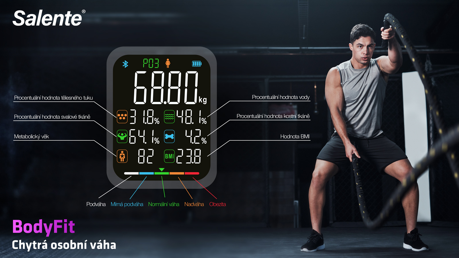 Salente BodyFit, múdra osobná diagnostická fitness váha, Bluetooth, čierna 