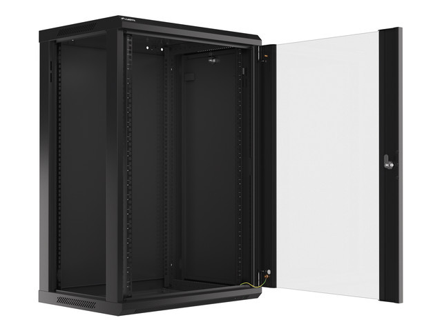 LANBERG 19" RACKOVÁ SKRIŇA PRO MONTÁŽ NA STENU 18U/ 600X450 (FLAT PACK) S PROSKLENÝMI DVERMI ČIERNA V2 
