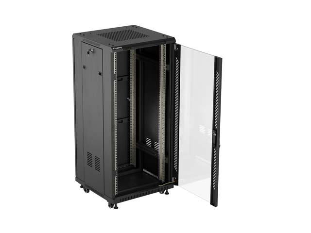 LANBERG 19" VOĽNE STOJÚCA RACKOVÁ SKRIŇA 27U/ 600X600 (FLAT PACK) S PRESKLENÝMI DVERAMI ČIERNA 