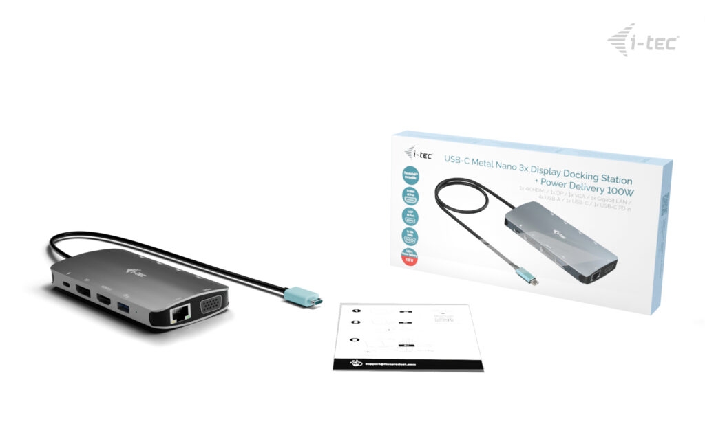 i-tec USB-C Metal Nano 3x Display (DP, HDMI a VGA) Docking Station, Power Delivery 100W 
