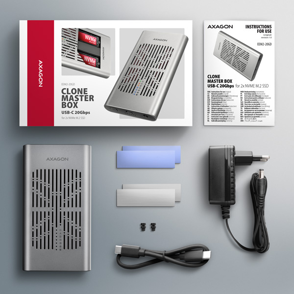 AXAGON EEM2-20GD, USB-C 20Gbps externý box pre dvoch M.2 NVMe SSD s funkciou klonovania 