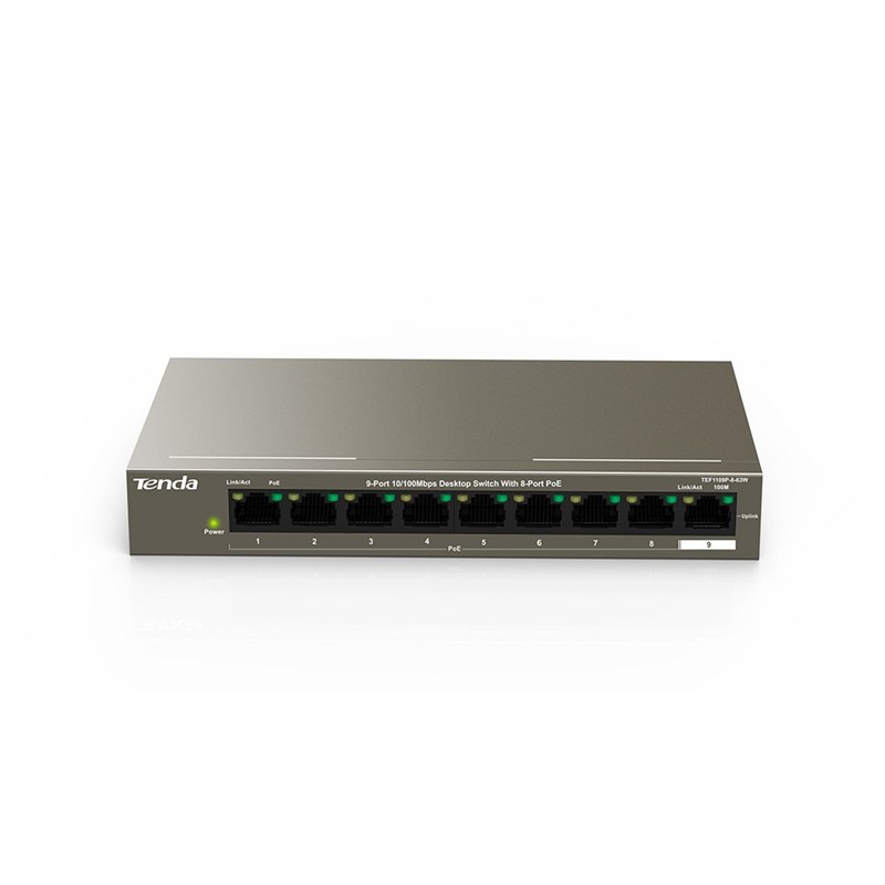 Tenda TEF1109P-8-63W PoE AT switch 8x PoE 802.3af/ at, 9x 100Mb/ s, PoE+ celkom 58W, fanless 