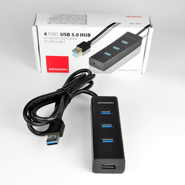 AXAGON HUE-S2BL, 4x USB 3.0 CHARGING húb, micro USB napr. konektor, kábel USB-A 1.2m 