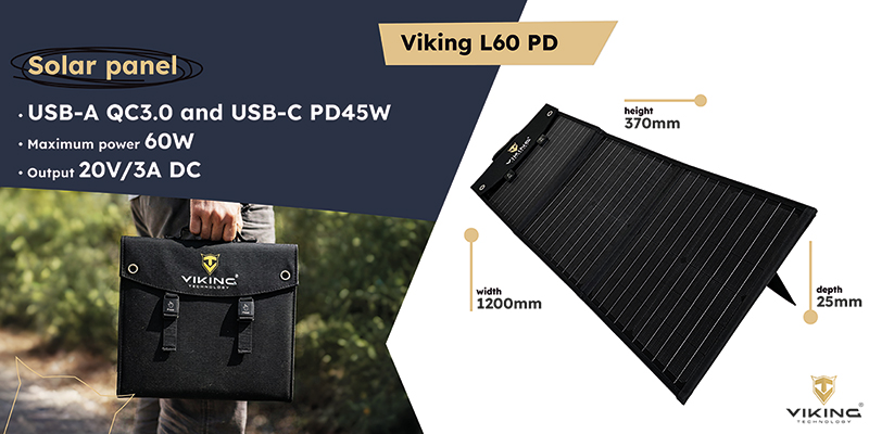 Solárny panel Viking L60 PD/ 60W výkon/ USB-A QC/ USB-C PD/  
