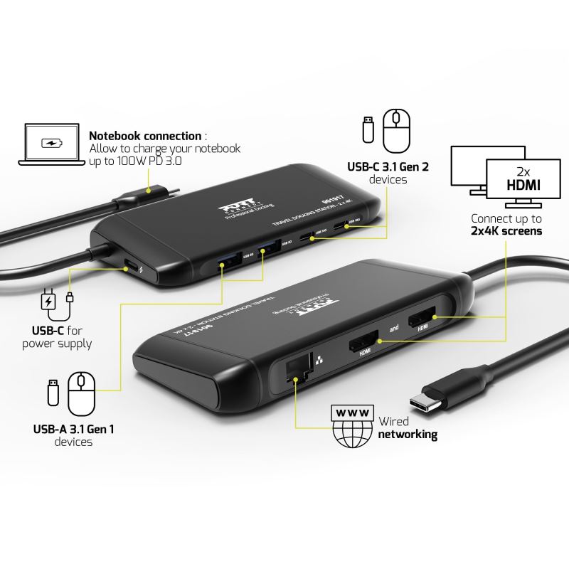 PORT CONNECT Cestovná dokovacia stanica USB-C, 2×4K, 7portov, PD100W 