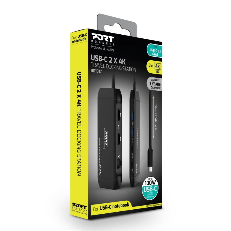 PORT CONNECT Cestovná dokovacia stanica USB-C, 2×4K, 7portov, PD100W 