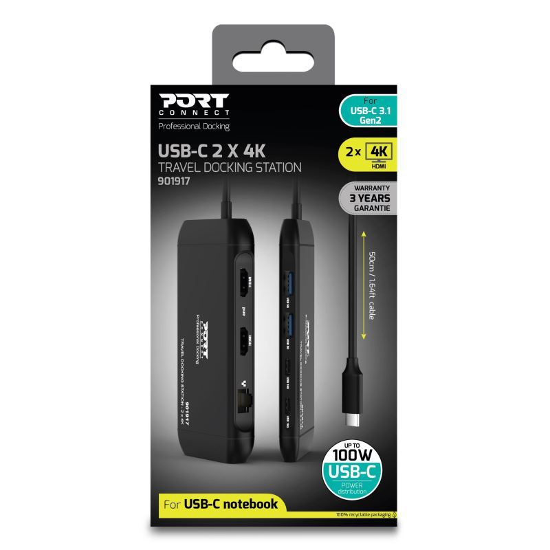 PORT CONNECT Cestovná dokovacia stanica USB-C, 2×4K, 7portov, PD100W 