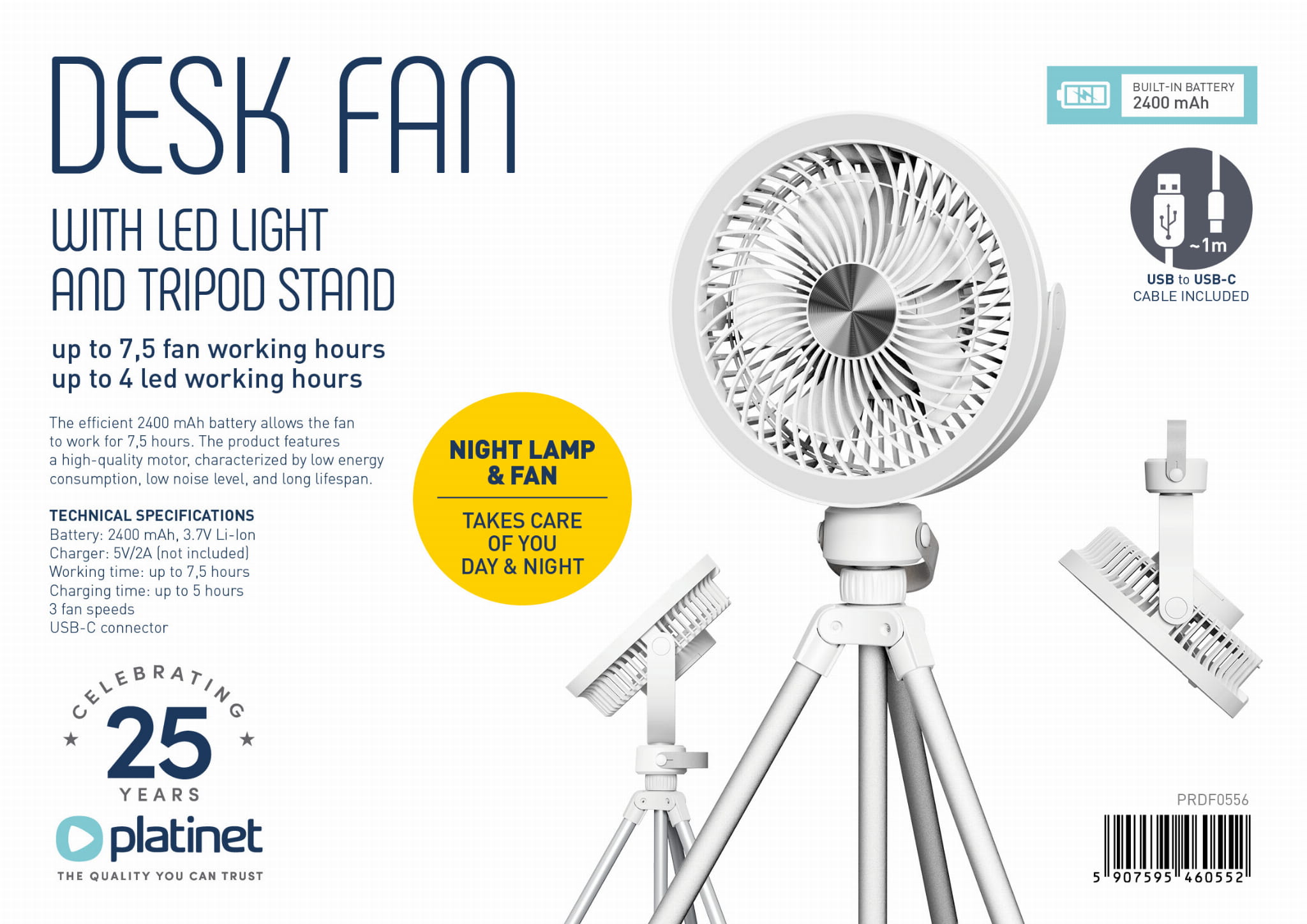 Platinet PRDF0556 stolný ventilátor 14, 5 cm, výškovo nastaviteľný tripod, funkcia nočného osvetlenia, ak 