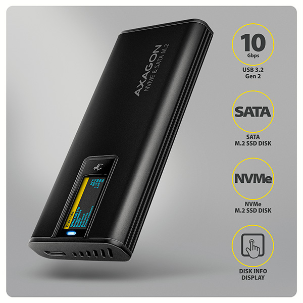 AXAGON EEM2-SD2B, USB-C 10Gbps externý box s displejom pre M.2 NVMe/ SATA SSD, bezskrutkový, čierny 
