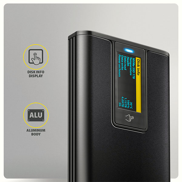 AXAGON EEM2-SD2B, USB-C 10Gbps externý box s displejom pre M.2 NVMe/ SATA SSD, bezskrutkový, čierny 