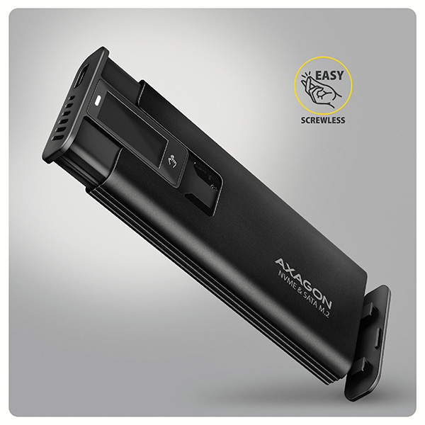 AXAGON EEM2-SD2B, USB-C 10Gbps externý box s displejom pre M.2 NVMe/ SATA SSD, bezskrutkový, čierny 