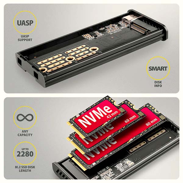AXAGON EEM2-SD2B, USB-C 10Gbps externý box s displejom pre M.2 NVMe/ SATA SSD, bezskrutkový, čierny 