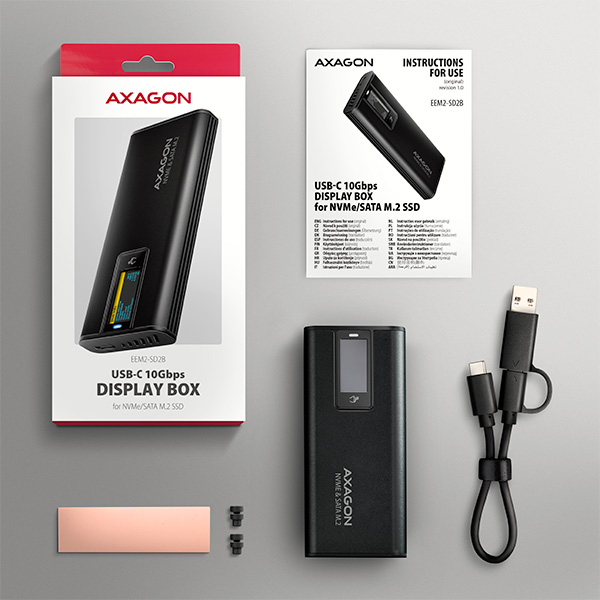 AXAGON EEM2-SD2B, USB-C 10Gbps externý box s displejom pre M.2 NVMe/ SATA SSD, bezskrutkový, čierny 