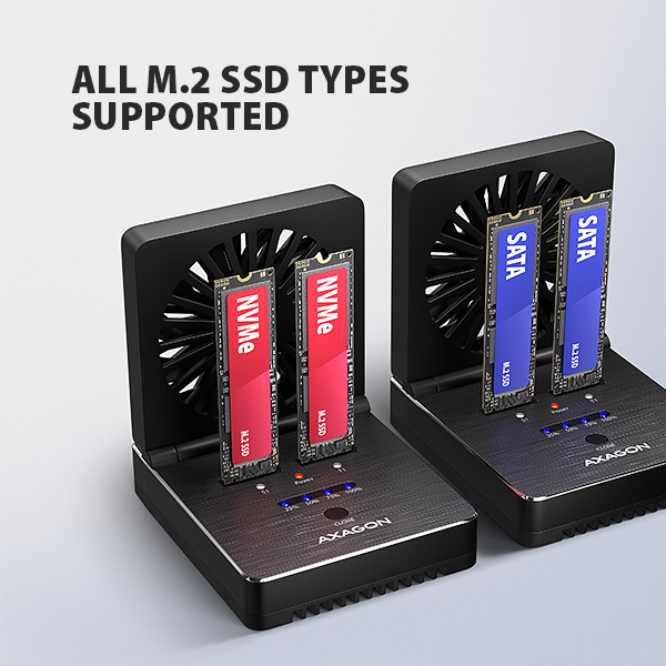 AXAGON ADSA-M2C22, USB-C 20Gbps dokovacia stanica pre 2× M.2 NVMe/ SATA SSD s funkciou klonovania 