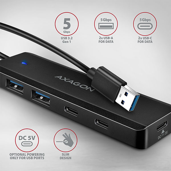 AXAGON HUE-C2A, 4× USB 5Gbps TRAVEL hub, 2× USB-A + 2× USB-C, USB-C napájanie, kábel USB-A 19cm 