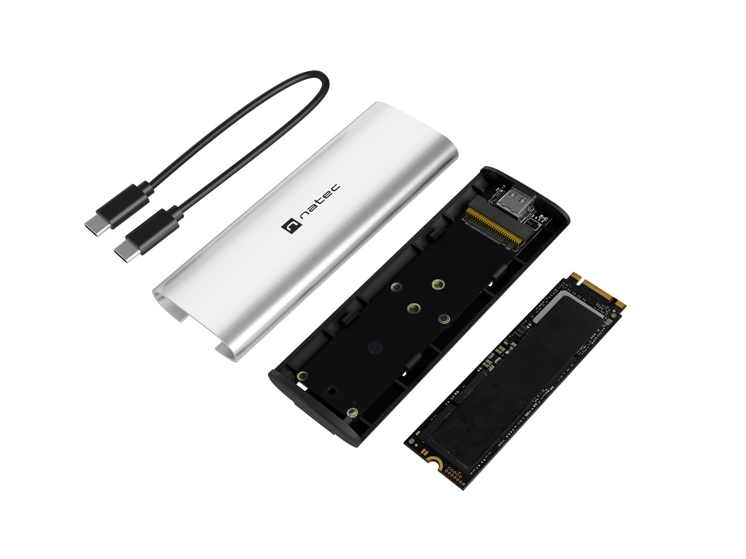 Externý box pre SSD Natec RHINO M.2 NVME LITE USB-C 3.2 GEN 2, hliníkové telo, ARCTIC SILVER 