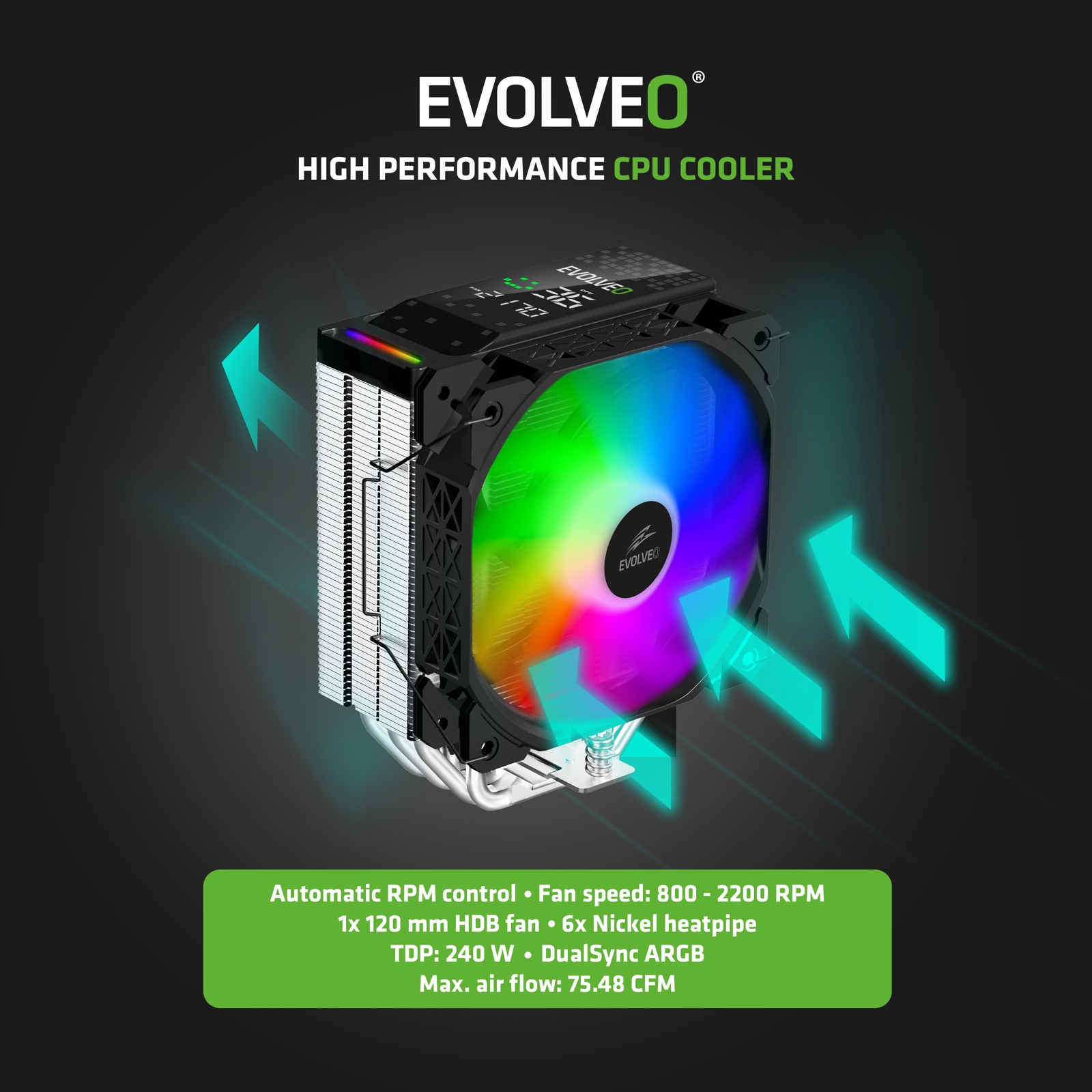 EVOLVEO QuietCool7, CPU chladič s digitálnym displejom, 6x heatpipe, čierny 