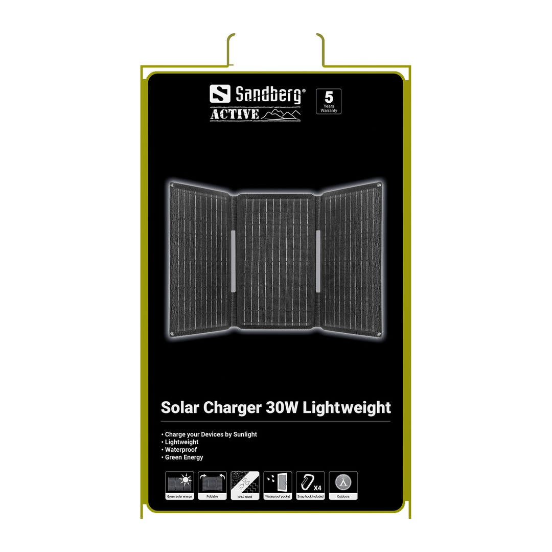Sandberg Solar Charger 30W USB/ USB-C/ DC, skladacia solárna nabíjačka, čierna 