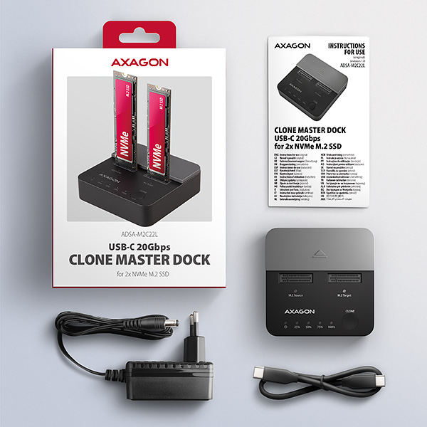 AXAGON ADSA-M2C22L, USB-C 20Gbps dokovacia stanica pre 2× M.2 NVMe SSD s funkciou klonovania 